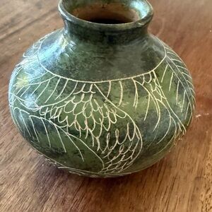 Carved Pottery Small Vase Green Bird Theme